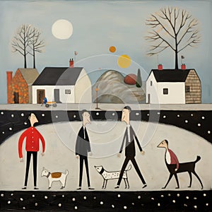 Contemporary Folk Art Painting: 4 Monks Walking In Snow With Dog
