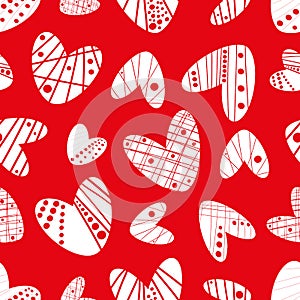 Contemporary funky stencil effect white hearts seamless vector pattern on red background