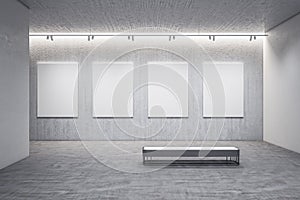 Contemporary gallery interior with four empty billboards