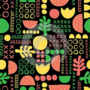 Contemporary geometric shapes seamless vector background. Green yellow coral red black leaf plant and abstract shapes