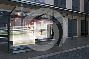 Contemporary glass bus stop with city reflections and daylight. Transport and urban concept.