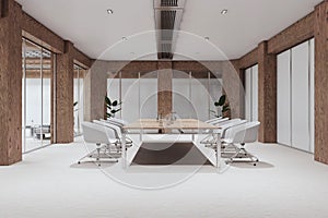 Contemporary glass meeting room office interior with wooden elements.