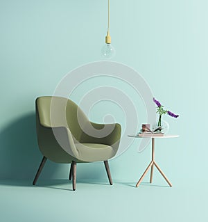 Contemporary green armchair on mint wall