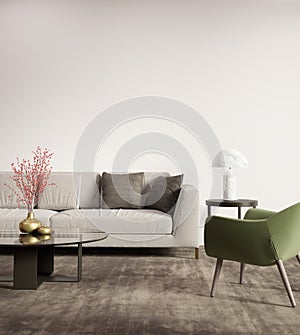 Contemporary grey living room with green armchair