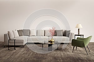 Contemporary grey living room with green armchair
