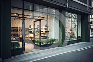 Contemporary grocery store exterior with large window display showcasing fresh produce, inviting customers to explore