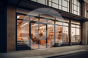 Contemporary grocery store exterior with large window display showcasing fresh produce, inviting customers to explore