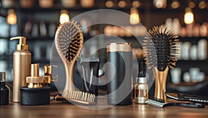 Contemporary hair stylist tools showcased on wooden table in elegant salon ambiance photo