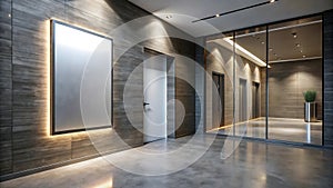 Modern office building hallway with illuminated artwork and elevators
