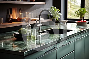 Contemporary, high-end kitchen with a sage green counter cabinet, sink, and induction stove