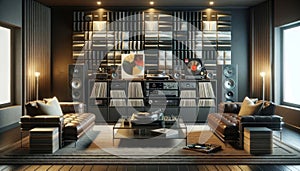 Contemporary Home Audio Listening Room Audiophile Hi-fi Tower Speakers Media Components AI Generated Home Interior