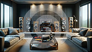 Contemporary Home Audio Listening Room Audiophile Hi-fi Tower Speakers Media Components AI Generated Home Interior