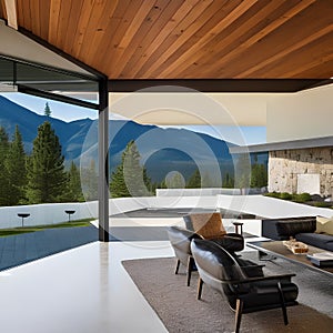 A contemporary home with a cantilevered deck, a metal roof, and a mountain view1, Generative AI photo
