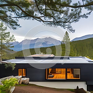 A contemporary home with a cantilevered deck, a metal roof, and a mountain view3, Generative AI photo