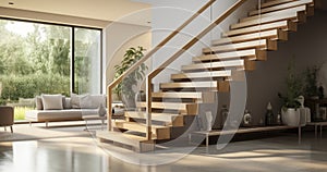Contemporary Home Living with a Chic Wooden Staircase. Generative AI