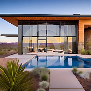 A contemporary home with a metal roof, a pool, and a view of a rocky desert landscape3, Generative AI