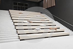 Contemporary home movie theater with comfortable pillows on stairs seats, wooden details and concrete walls. Seminar concept. 3D