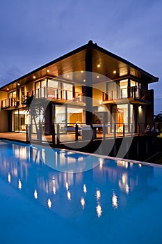 Contemporary home with pool reflection