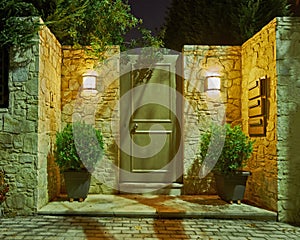 Contemporary house entrance night view, Athens Greece