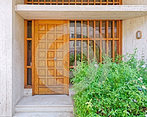 Contemporary house entrance with solid wooden door and green foliage