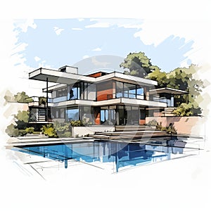 Contemporary House Illustration With Pool In Realistic Color Schemes