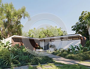 Modern house with Lshaped roof surrounded by trees and bushes