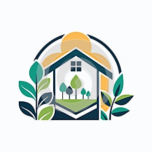 Contemporary house nestled among lush green trees and falling leaves, A contemporary logo design hinting at the beauty and