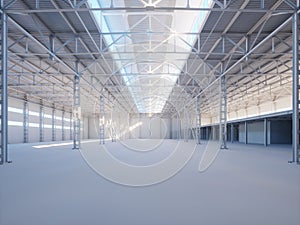 Contemporary industrial building interior illuminated by sunlight 3d illustration