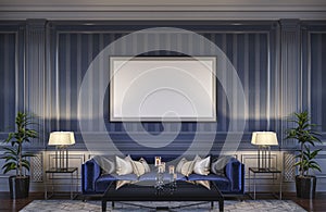 Contemporary interior in blue tones with a sofa and striped wallpaper. 3d rendering