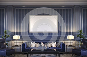 Contemporary interior in blue tones with a sofa and striped wallpaper. 3d rendering