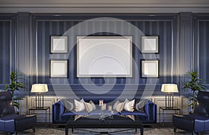 Contemporary interior in blue tones with a sofa and striped wallpaper. 3d rendering