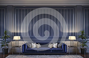 Contemporary interior in blue tones with a sofa and striped wallpaper. 3d rendering