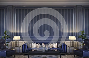 Contemporary interior in blue tones with a sofa and striped wallpaper. 3d rendering