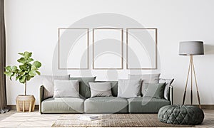 Contemporary interior design for 3 poster frames in living room mock up with green couch,.  wooden pot