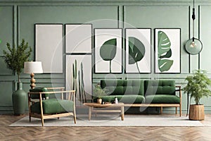 contemporary interior design for 3 poster frames in living room mock up with green couch, wooden pot and floor lamp,