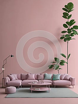 contemporary interior design for 3 poster frames in living room mock up with green couch, wooden pot and floor lamp, template, ill