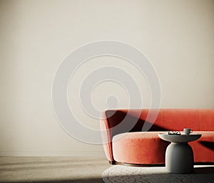 Contemporary interior design. Living room with red sofa and empty white wall background.