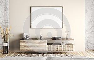 Contemporary interior design of living room with wooden sideboard and mock up poster. Home interior background. Empty frame. 3d