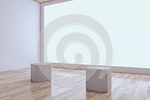 Contemporary interior with empty white mock up screen and seats on wooden parquet flooring. Presentation room concept. 3D