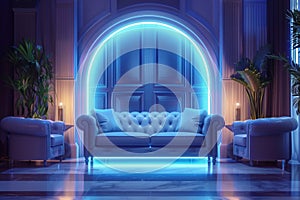 Contemporary interior featuring twin leather sofas bathed in blue light