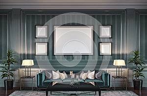Contemporary interior in green tones with a sofa and striped wallpaper. 3d rendering