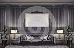 Contemporary interior in grey tones with a sofa and striped wallpaper. 3d rendering