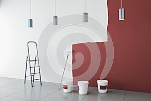 Contemporary interior with red paint on wall, painting tools, ladder, lamps and concrete flooring. Repairs concept. 3D
