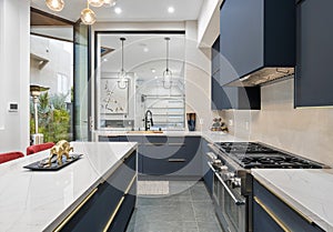 Contemporary kitchen with  blue cabinets and a marble countertop