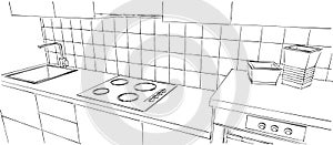 Contemporary kitchen counter close up, black and white sketch drawing