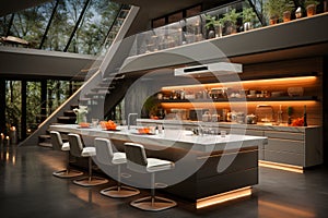 Contemporary kitchen with elegant white LED lighting in a luxurious setting