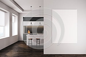 Contemporary kitchen with empty banner