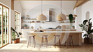 Contemporary kitchen features stylish bar stools placed in front of a countertop. AI-generated.