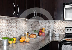 Contemporary kitchen with food ingredients on countertop