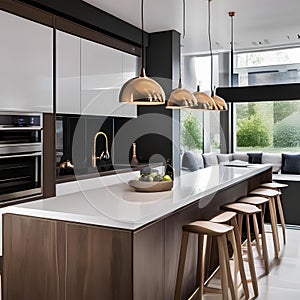 A contemporary kitchen with high-gloss cabinets, a breakfast bar, and pendant lights1